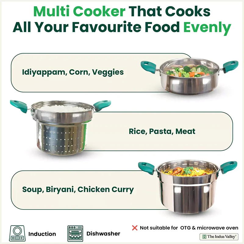 The Indus Valley Tri-steel Multi Cooker Pot Premium Stainless Steel Momo Maker/ Idiyappam/ Biryani/ Veg Steaming Set, 3 Pots, 21cm  Grab2Buy The Indus Valley Grab2Buy