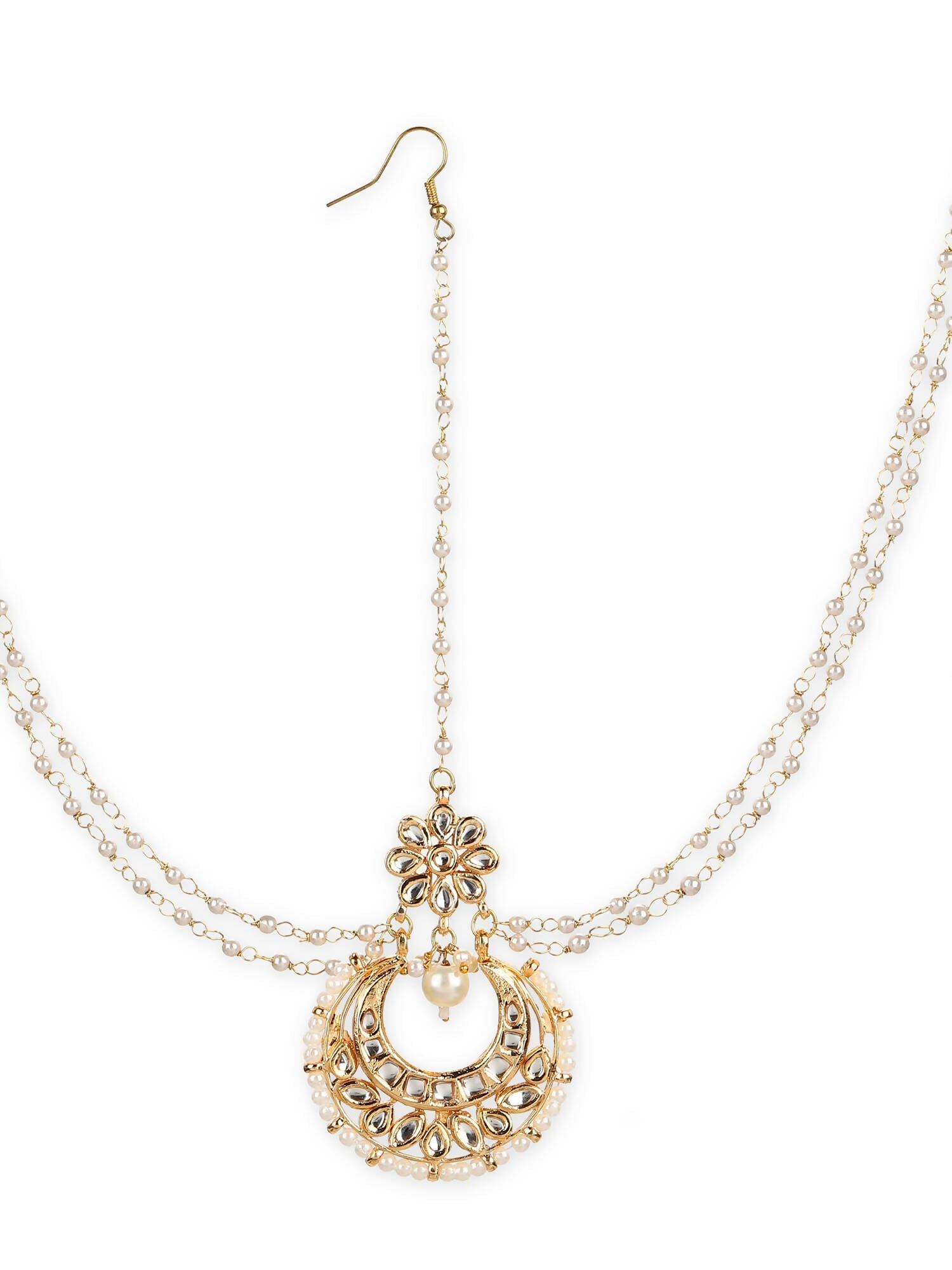 Gold-Plated White Kundan-Studded Faux Pearl Beaded Maathapatti - Ruby Raang - Grab2buy