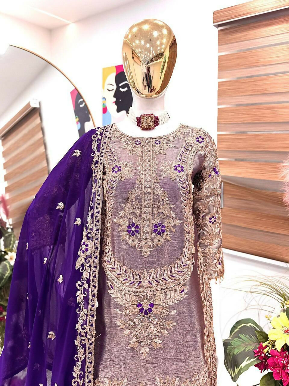 Teeya Creation Womens Latest Trending Codding Embroidery Siqunce Work Kurta Palazzo Set - Purple