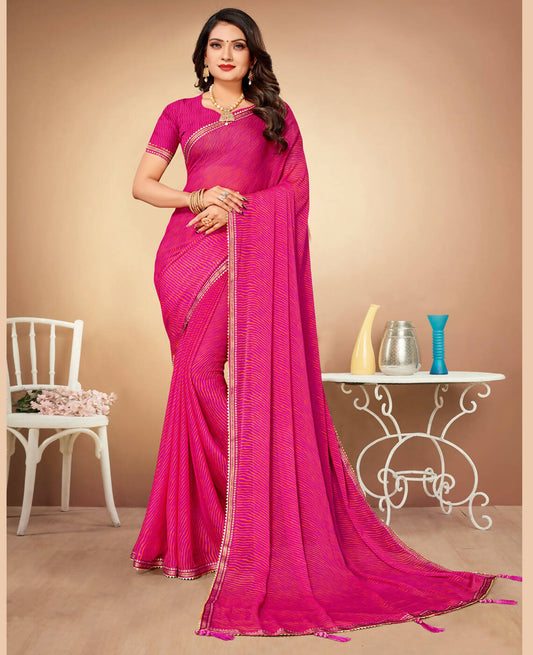 Pink Chiffon Leheriya Printed Saree With Unstitched Blouse Piece - Swarna