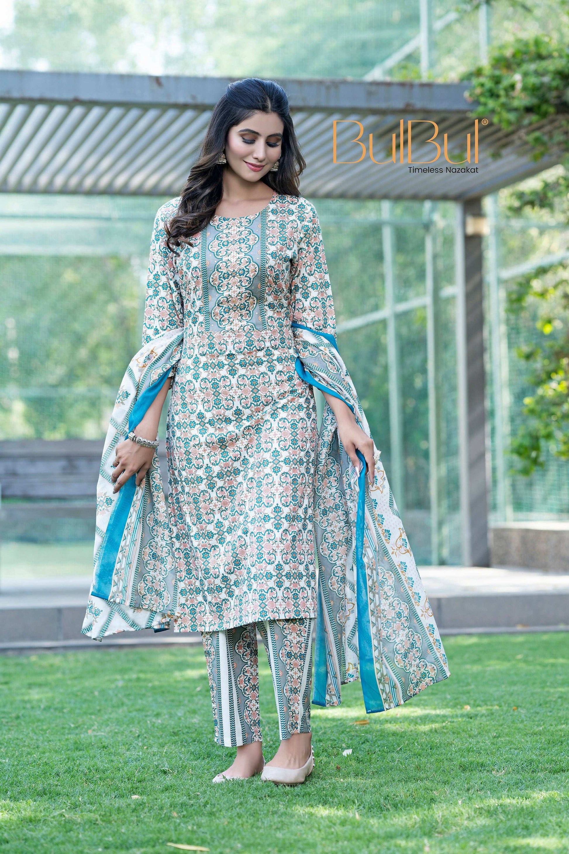 BulBul Fashionista Green-Blue Cotton Kurta Set with Dupatta 