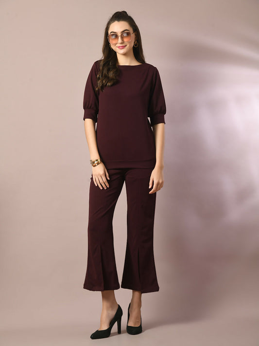 Myshka Women's Coffee Brown Solid Boat Neck Party Top