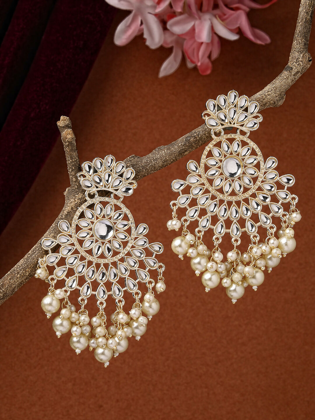 NVR Women Gold-Polished Kundan Chandbali Earrings 