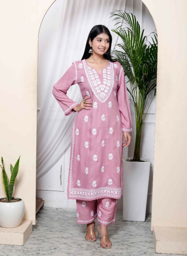 Miravan Womens Pink Embroidered Kurta With Palazzo