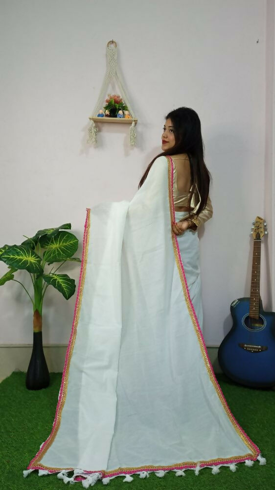 Exclusive Collection Beautiful Khadi Cotton Handloom Grab2Buy With Beautiful Zari Border - White 