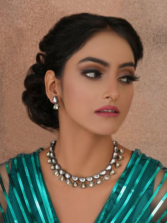 Dual Tone Kundan Neckpiece with Earrings Jewellery Set (silver) - Ruby Raang - Grab2buy