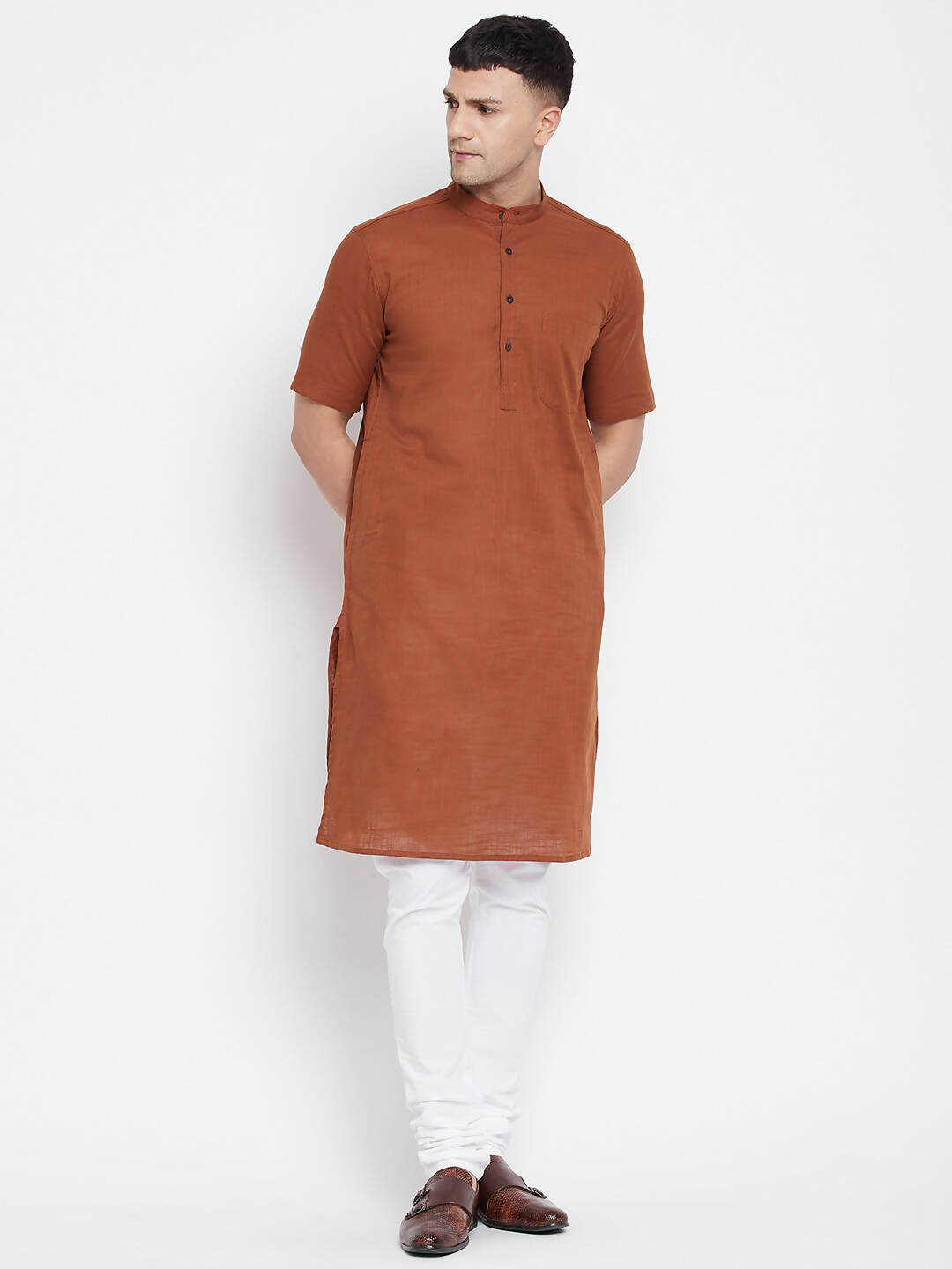 Even Apparels Brown Pure Cotton Men's H/S Kurta With Band Collar 