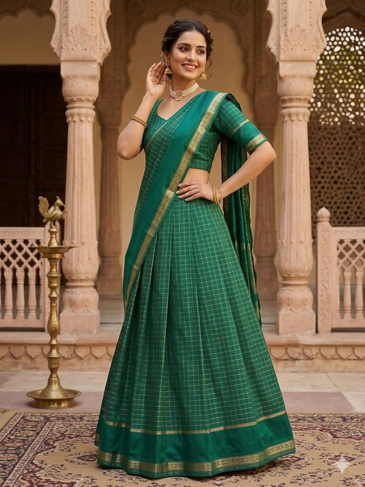 Teeya Creation New South Indian Silk Checked Half Saree Lehenga Choli with Zari Border-Teal-Green