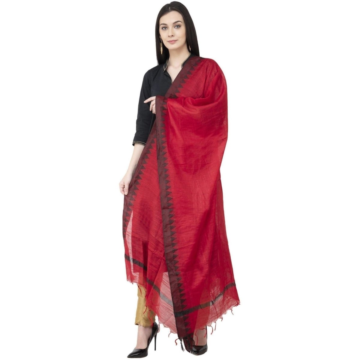 A R Silk Black Temple border Regular Dupatta Dark Red Color Dupatta or Chunni 