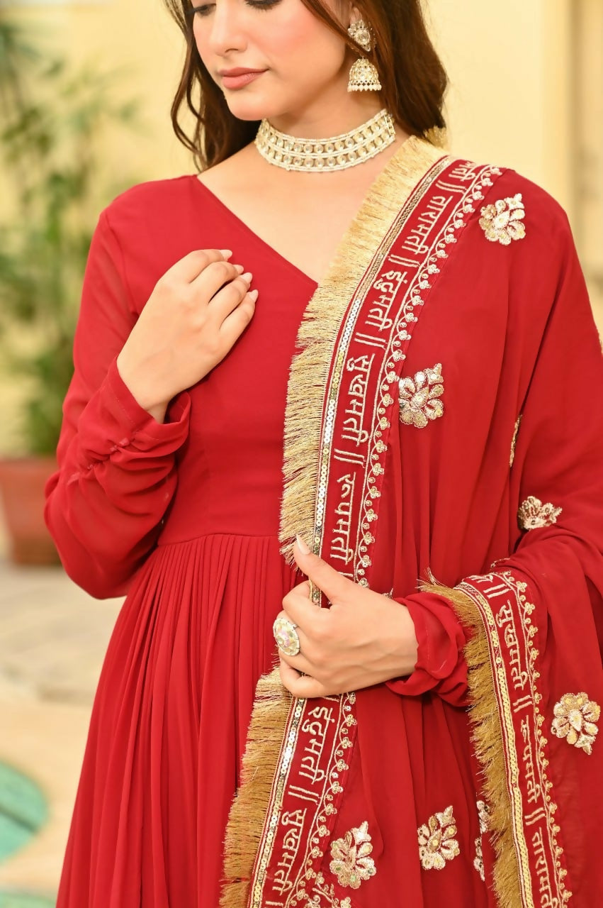 Teeya Creation Red Color Faux Georgette Wedding Wear Embroidery Work Long Gown