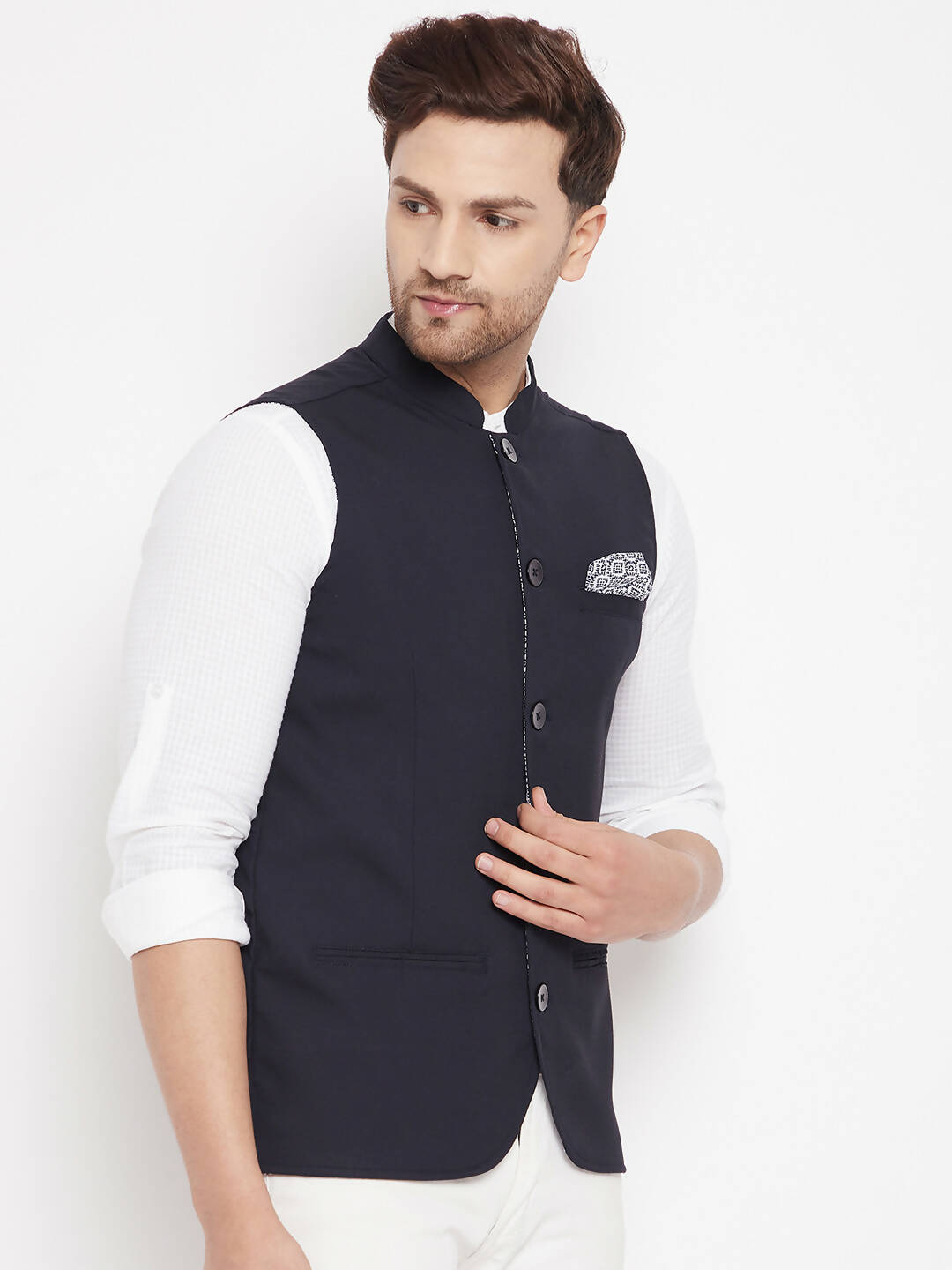 Even Apparels Navy Merino Men's Nehru Jacket-Contrast Lining-Inbuilt Pocket Square 