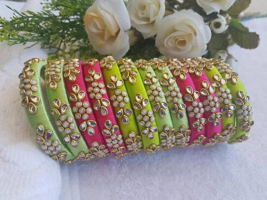 Multi colors Silk Threaded Pearl Stone Bangles Sets 