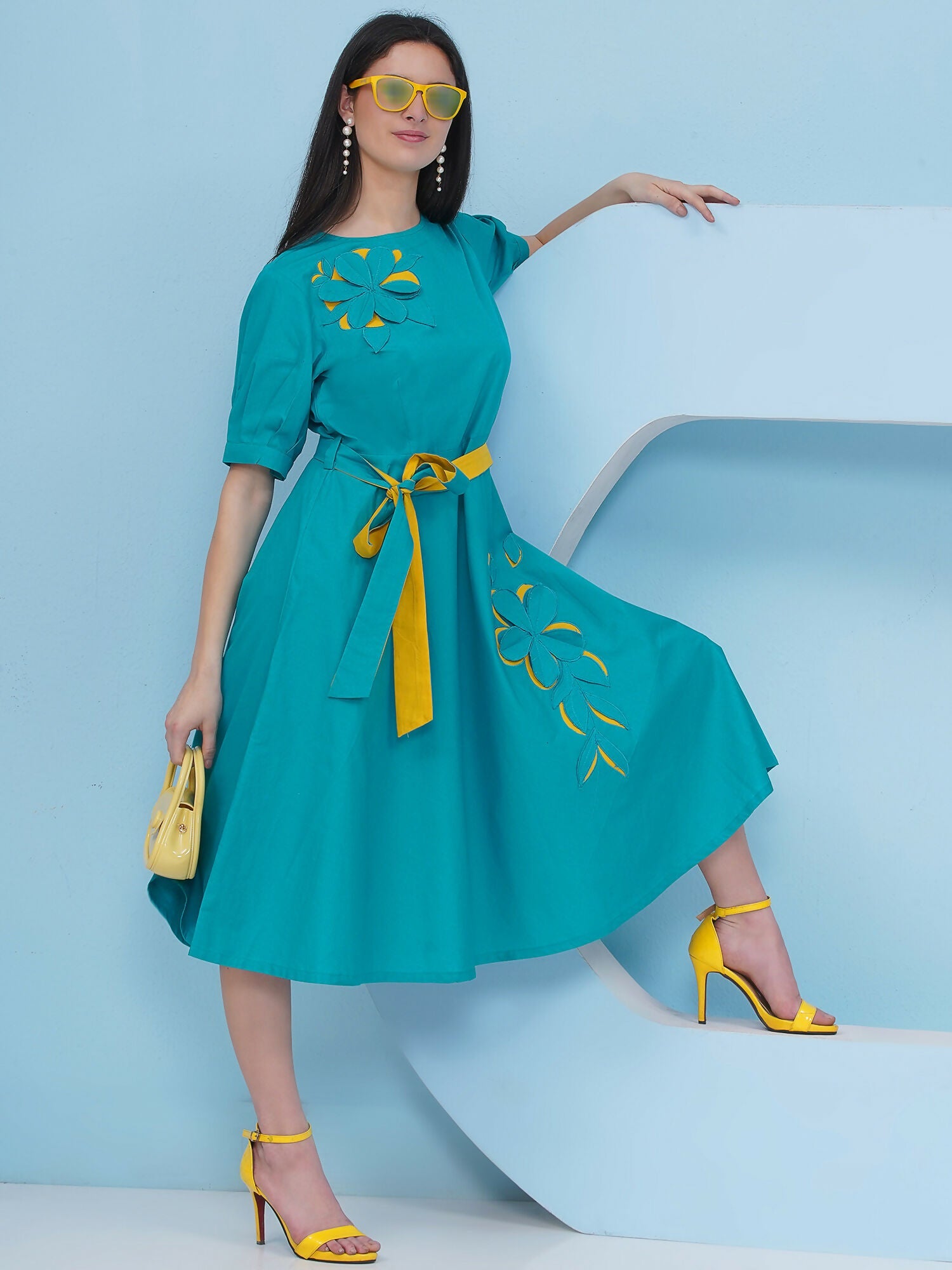 Joban Fashion Teal Blue Dress with Belt