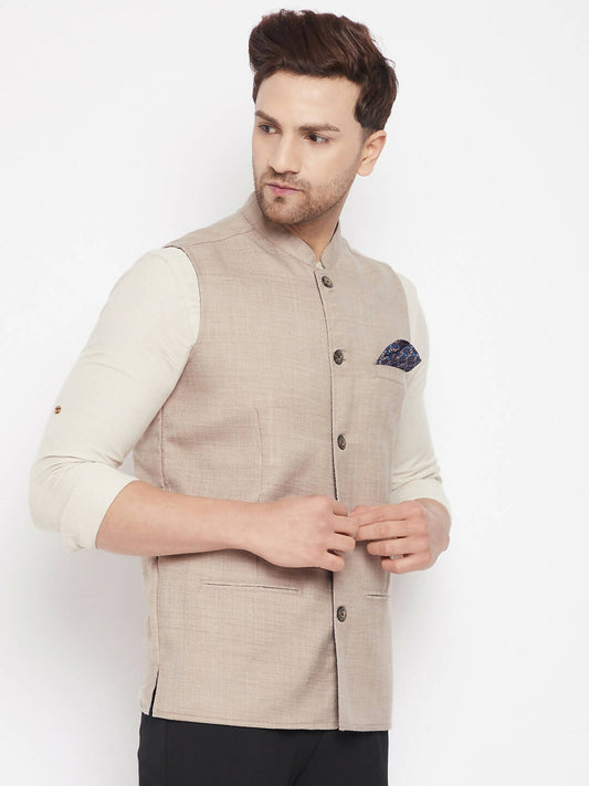 Even Apparels Cream Linen Men's Nehru Jacket-Contrast Lining-Inbuilt Pocket Square 