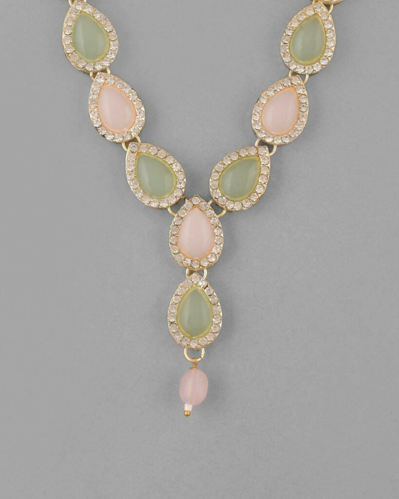 VOJ Gold Plated Nude Pink And Mint Green Stone Studded Jewellery Set With Maang Tikka - Grab2buy
