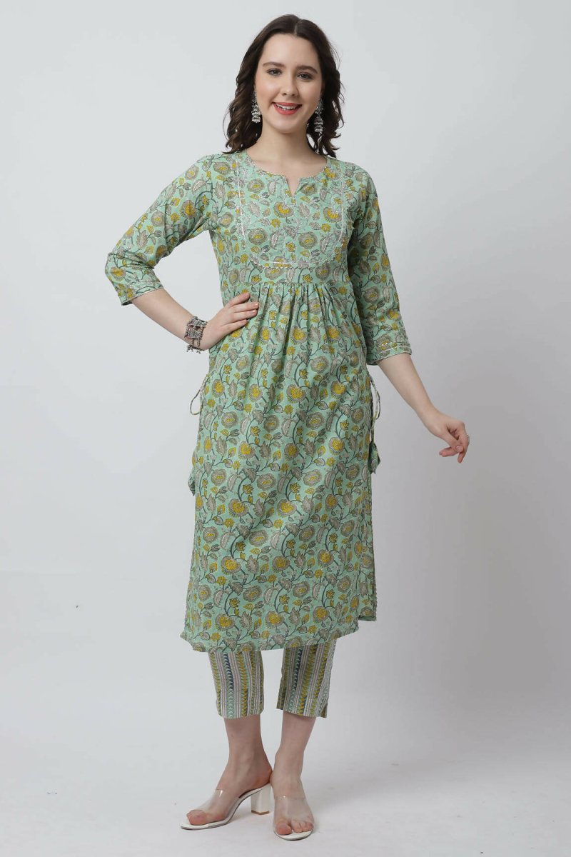 Aastha Fashion Women's Sea Green Cotton Jaipuri Printed Kurta with Trouser & Dupatta - Grab2buy