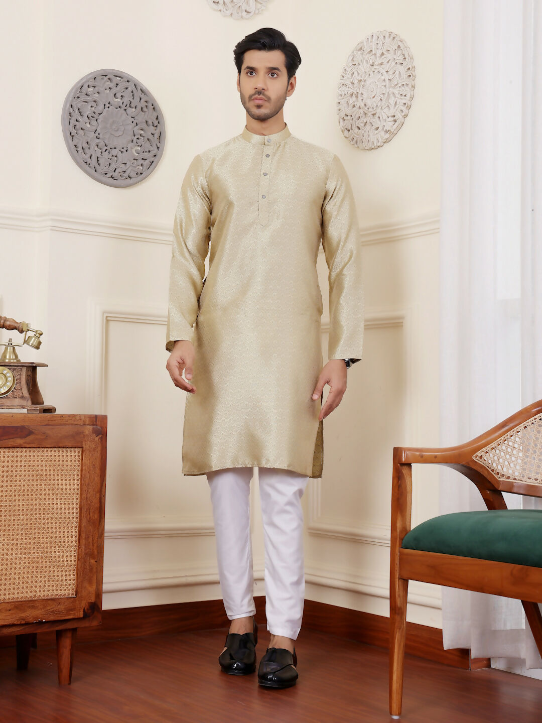Beige Viscose Woven Jacquard Work Men's Rajwadi Kurta Set - Mahotsav