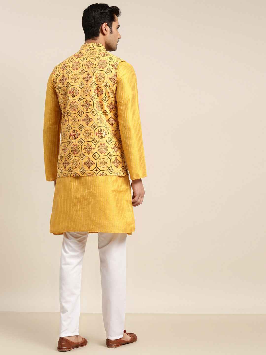 Sojanya Men Mustard Yellow Kurta with Churidar & Nehru Jacket 