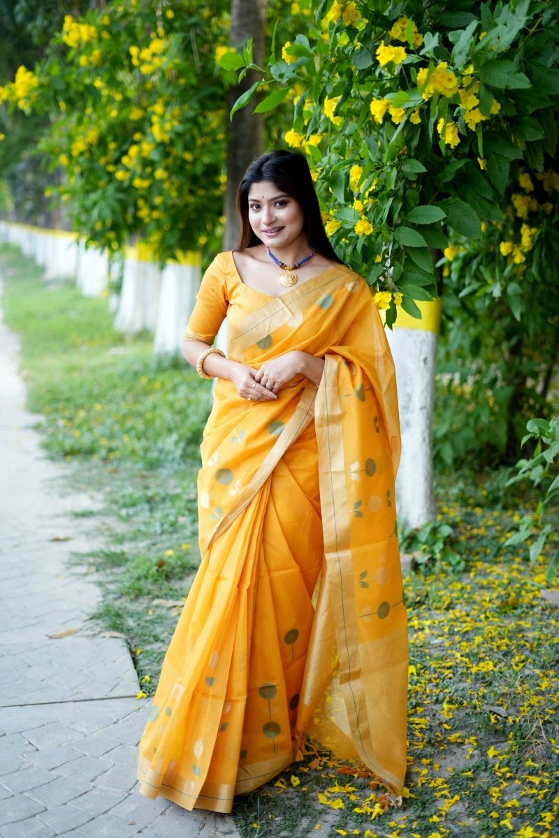 Aastha Fashion Yellow Woven Cotton Silk Saree with Blouse - Grab2buy