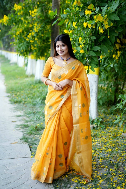Aastha Fashion Yellow Woven Cotton Silk Saree with Blouse - Grab2buy