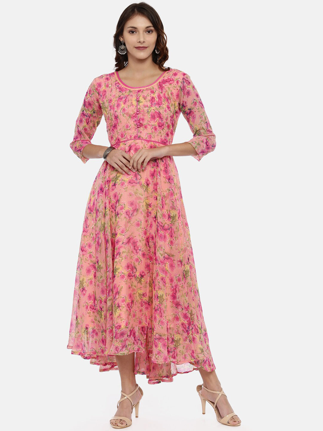 Souchii Women Pink & Yellow Floral Printed Fit & Flare Dress 