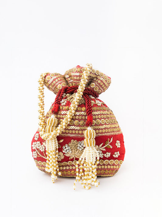 NR By Nidhi Rathi Maroon & Gold-Toned Persia Embroidered Potli Clutch - Grab2buy
