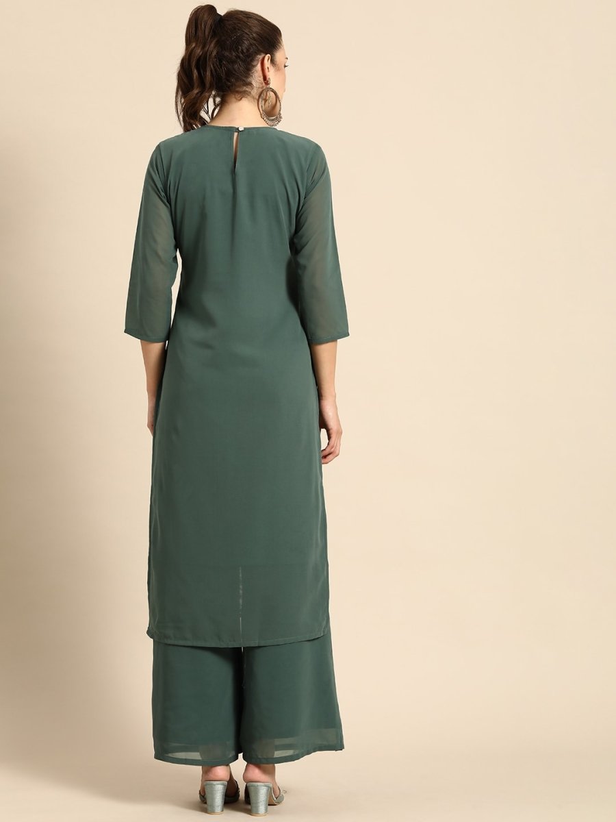 All About You Women Green Ethnic Motifs Embroidered Regular Chikankari Kurta with Palazzos 