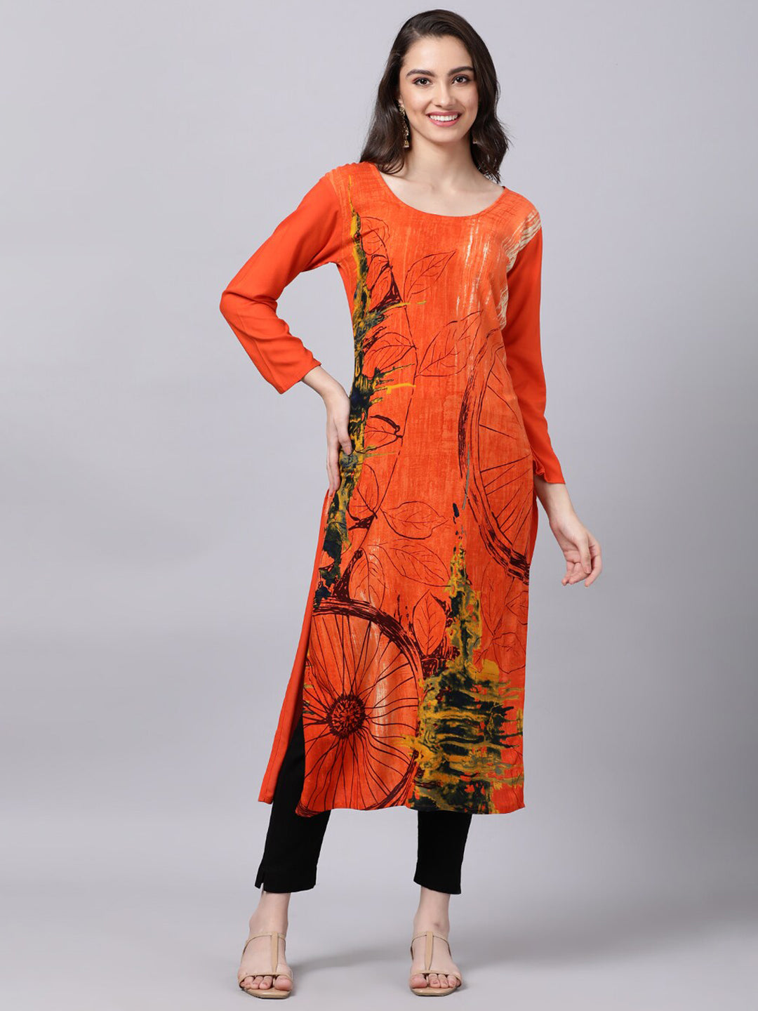 Souchii Women Orange Printed Floral Kurta | Grab2Buy