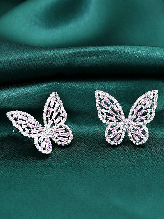 Yellow Chimes Silver-Toned & Pink Quirky Butterfly Studs Earrings - Grab2buy