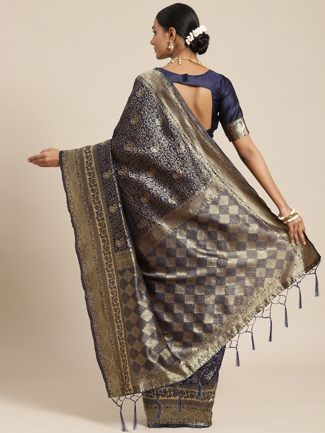 Grab2Buy Mall Navy Blue & Gold-Toned Ethnic Motifs Zari Silk Blend Banarasi Sarees 