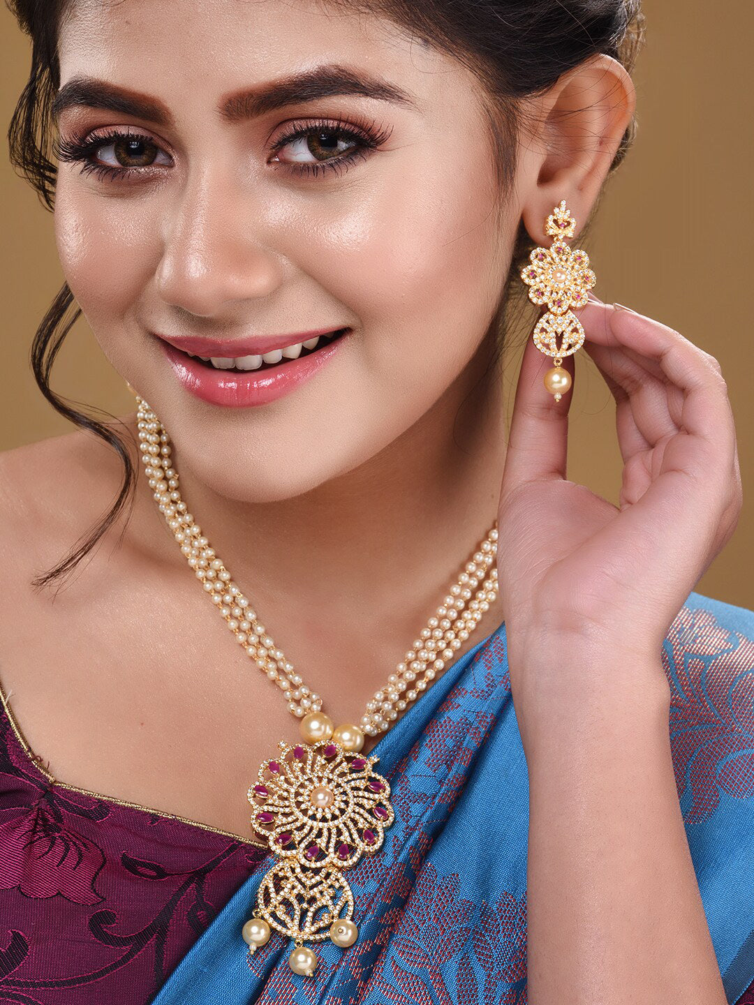 Saraf RS Jewellery Gold-Plated White & Pink American Diamond Studded & Beaded Handcrafted Set - Grab2buy