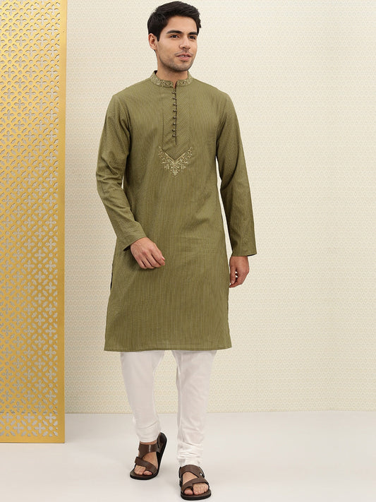 House of Pataudi Men Olive Green Striped Straight Kurta with Embroidered Detail