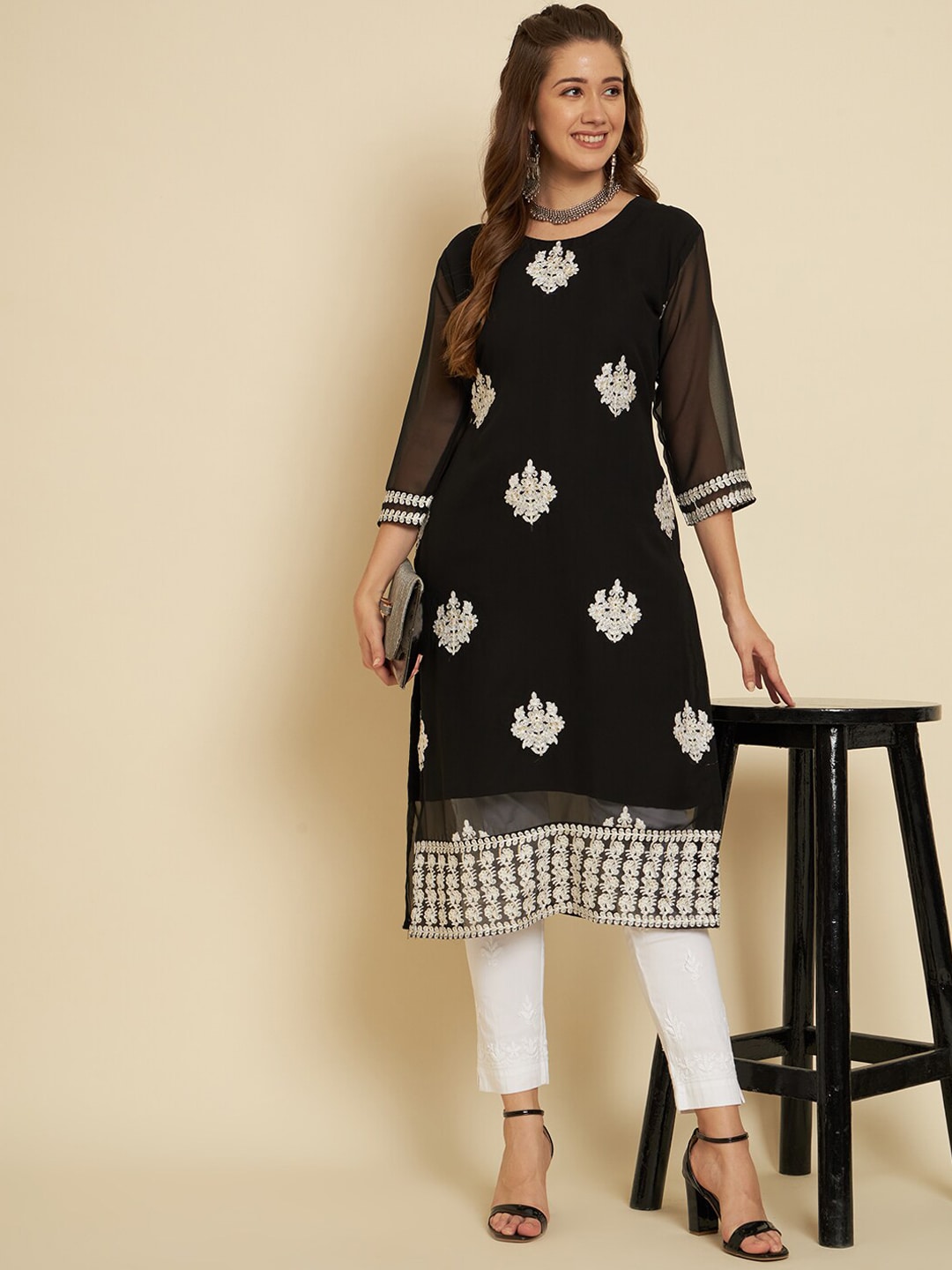 HERE&NOW Black & White Ethnic Motifs Chikankari Embroidered Georgette Kurta 