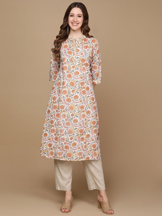 HERE&NOW White & Yellow Floral Printed Sequined Cotton Kurta