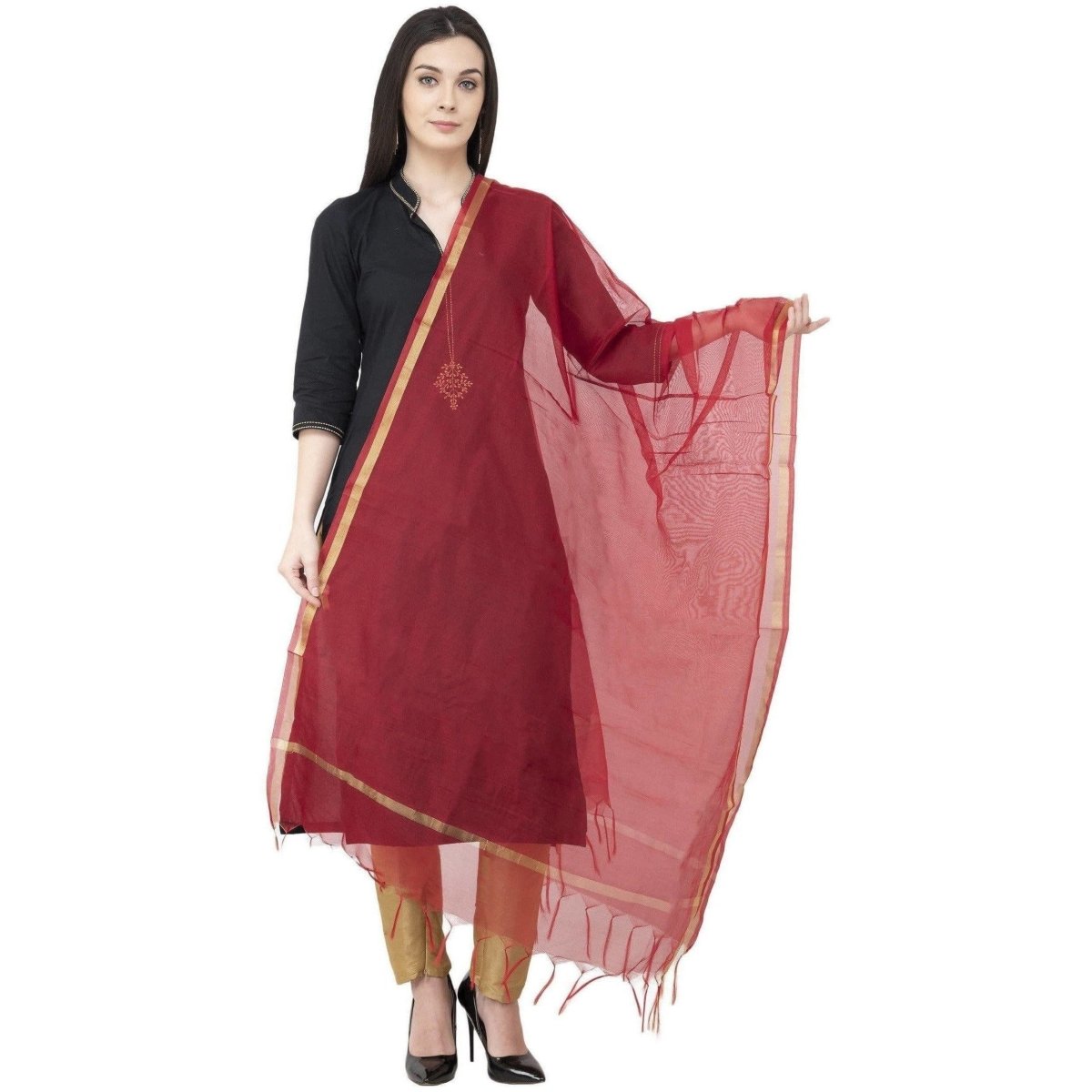 A R Silk Chanderi Piping Regular Dupatta Mehroon Color Dupatta or Chunni 