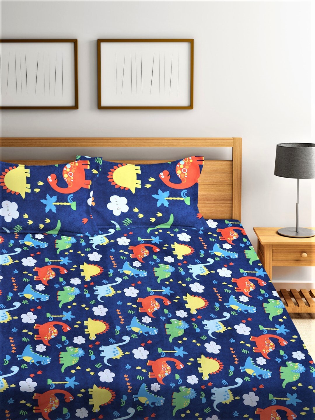 Home Sizzler Blue & Yellow Printed 210 TC Bedsheet with Pillow Covers 