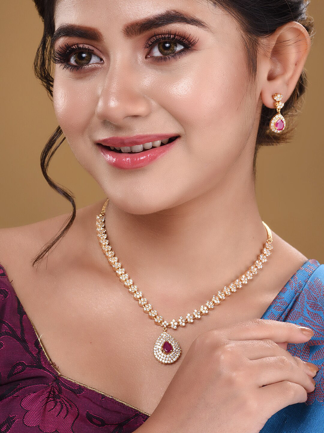 Saraf RS Jewellery Gold-Plated White & Red American Diamond Studded & Beaded Handcrafted Jewellery Set - Grab2buy