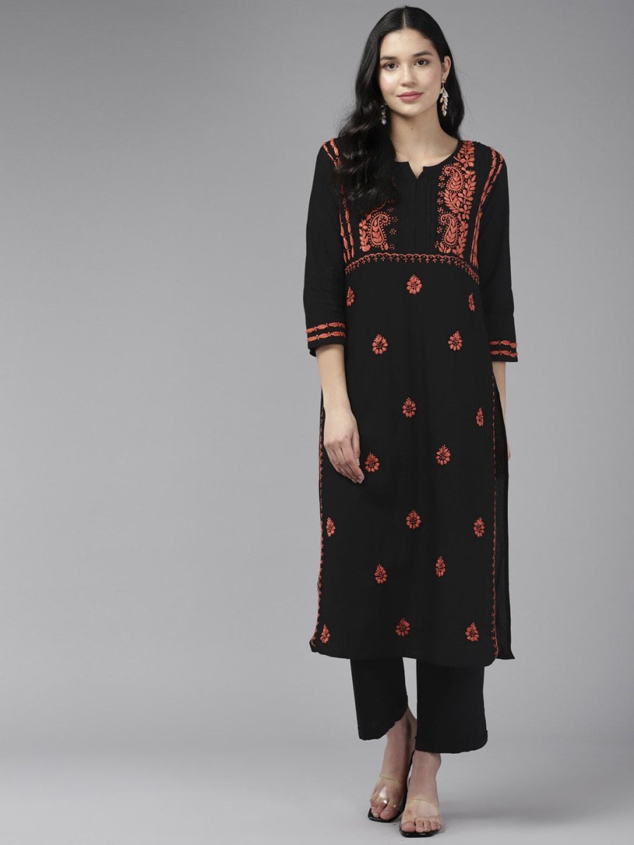 ADA Ethnic Motifs Embroidered Chikankari Cotton Straight Kurta