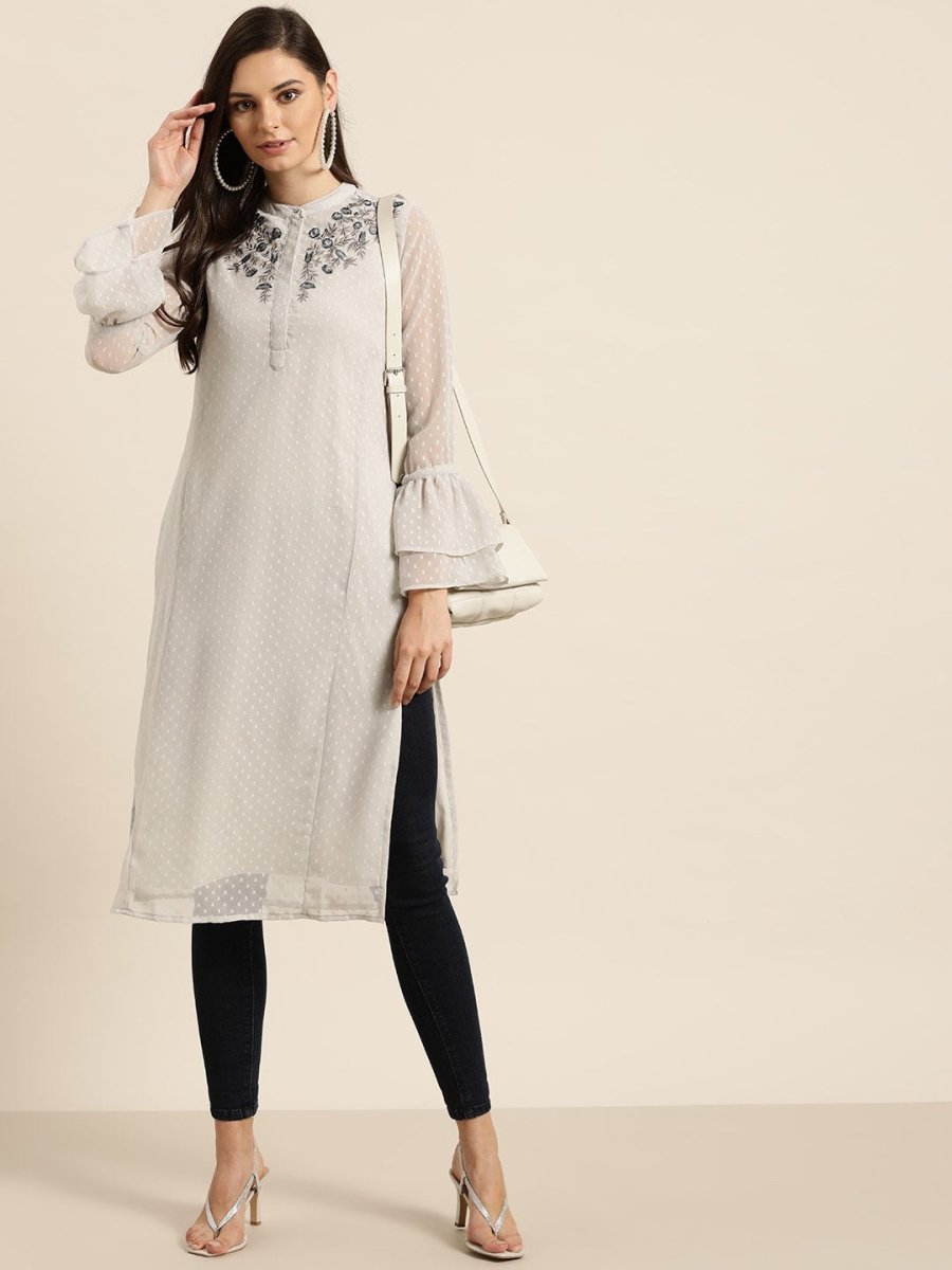 All About You Women Grey Bell Sleeves Yoke Design Thread Work Dobby Kurta