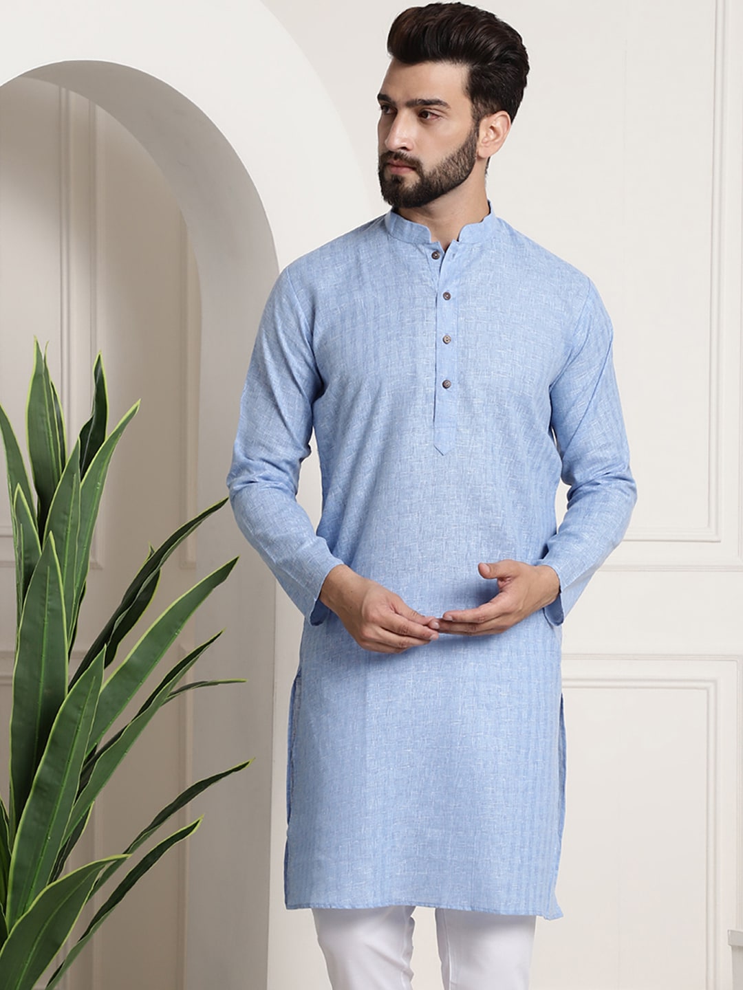 Sojanya Men Blue Dobby Self-Checked Straight Kurta 
