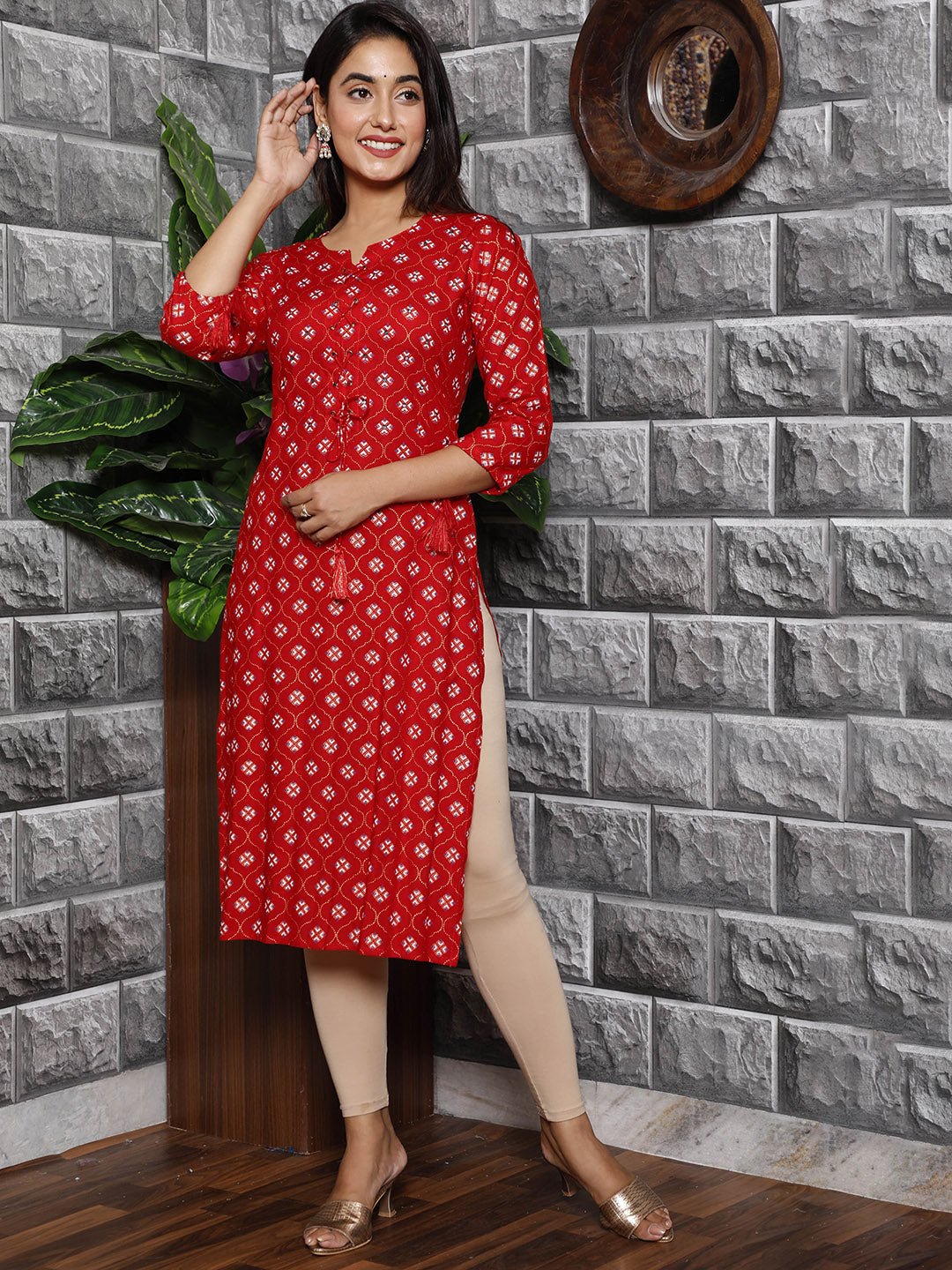 HERE&NOW Women Red Ethnic Motifs Printed Mirror Work Kurta