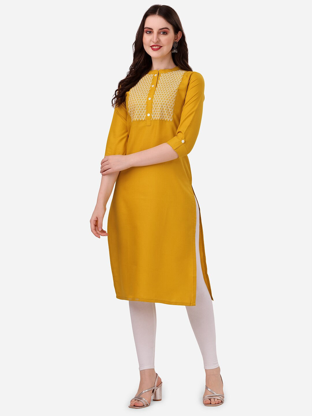 HERE&NOW Yoke Design Mandarin Collar Thread Work Cotton Kurta 
