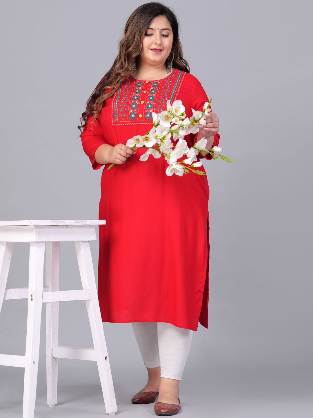 Sztori Plus Size Embroidered Yoke Design Round Neck Three-Quarter Sleeves Straight Kurta