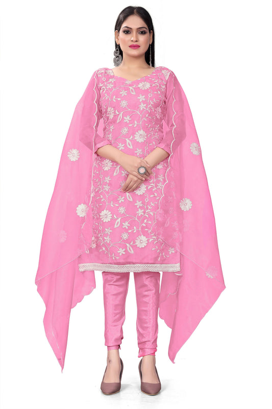 Pink Organza Silk Embroidered Work Unstitched Dress Material - Tanvi