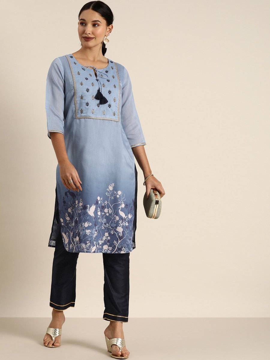 All About You Women Blue Floral Printed Kurta with Trousers