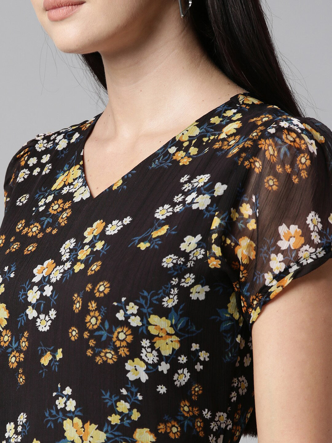 Souchii Women Black Floral Chiffon Maxi Dress 