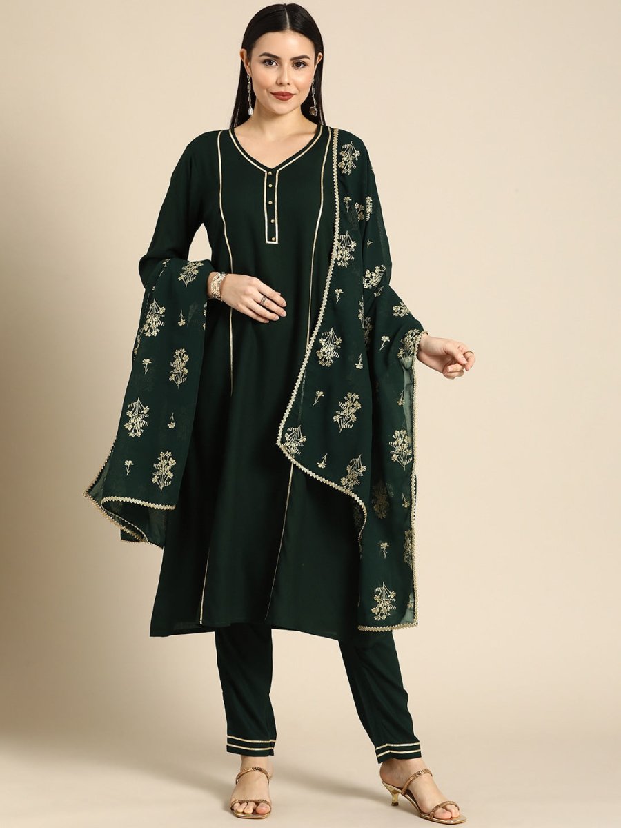 All About You Women Green & Gold-Toned Gotta Patti Kurta with Trousers & With Dupatta