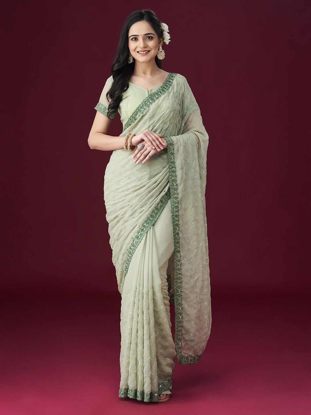 kasee Floral Embroidered Embellished Mirror Work Saree