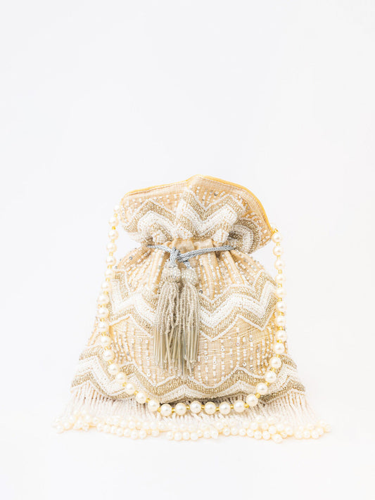 NR By Nidhi Rathi Cream-Coloured & Gold-Toned Embellished Potli Clutch - Grab2buy