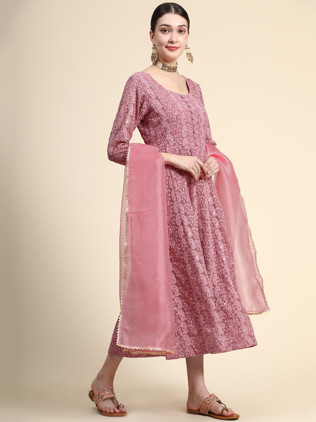Kalini Paisley Embroidered Chikankari Georgette Anarkali Kurta With Dupatta Set 